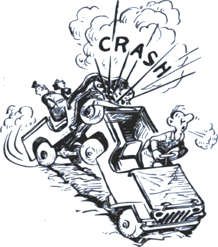 Mod 20th centure cartoon of two cars crashing, 