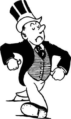 Cartoon guy with hat parading down street. Black and white drawing of a middle aged male person walking in his suit.