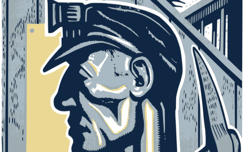 Miner line art image of a miner, in a slightly impressionist art deco manner