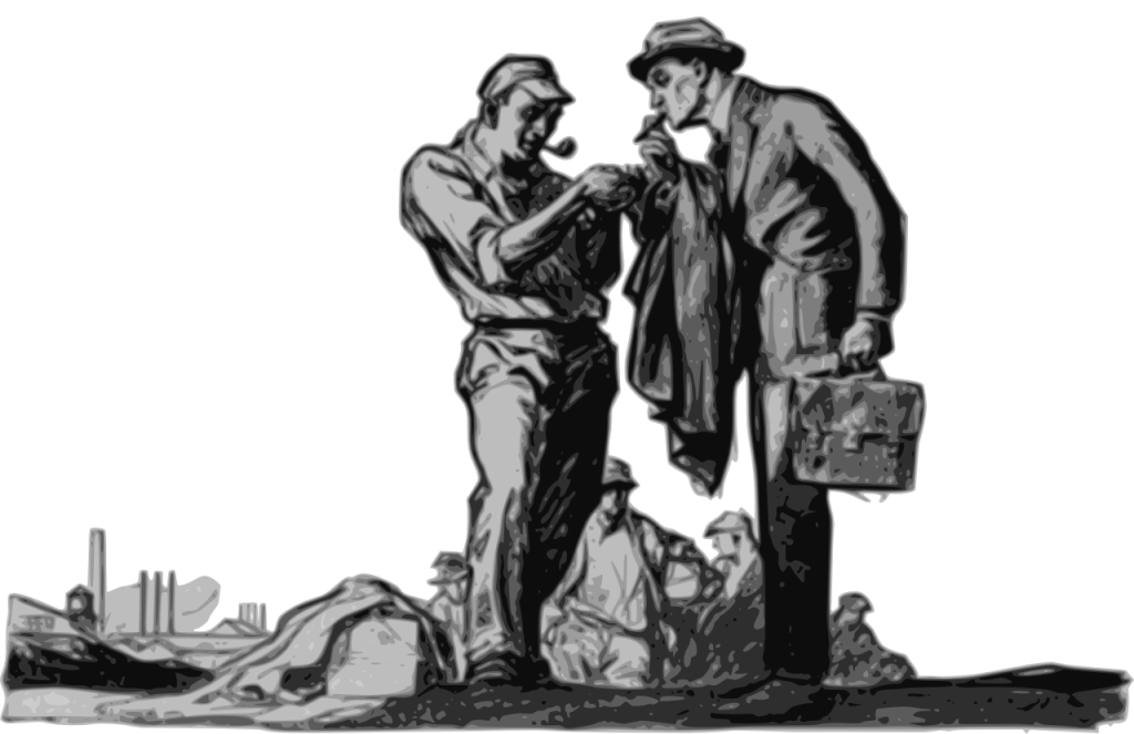 LIne art image from magazine depicting a working man lighting the cigar of a business man