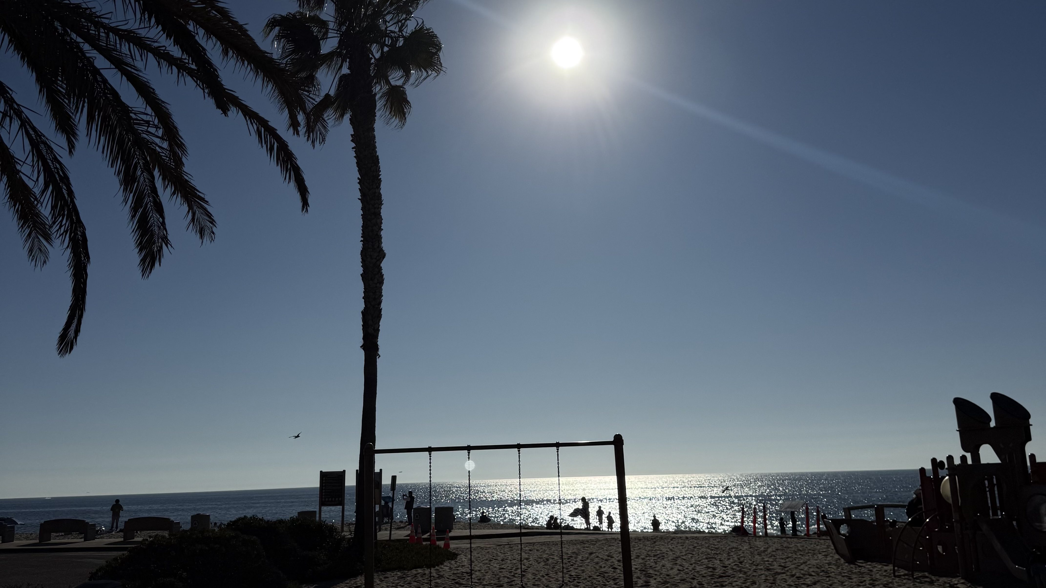 Sillhouette of nasketball court and palm trees on a California Beach